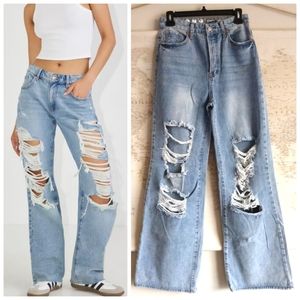 NWOT High Waisted Ripped and Distressed Straight Leg Slouchy Jean, Size 27"